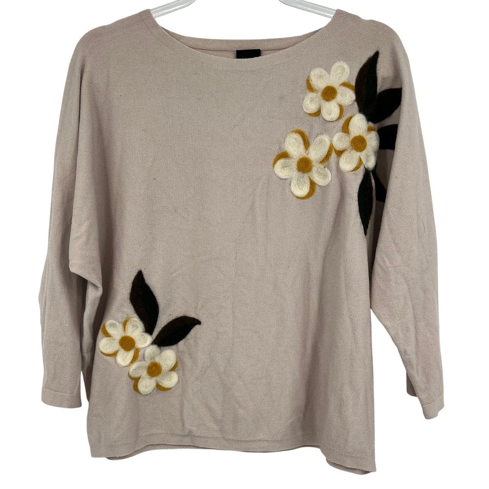 Aaeda Womens XL Mauve Taupe Floral 3D Felted Applique Batwing Knit Sweater